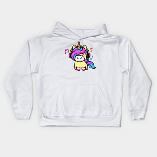 Happy smiling baby unicorn with headphones. Kawaii cartoon Kids Hoodie